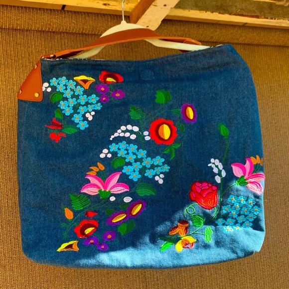 Denim Chambray Reversible Floral Embroidered Boho Shoulder Bag - Picture 1 of 11